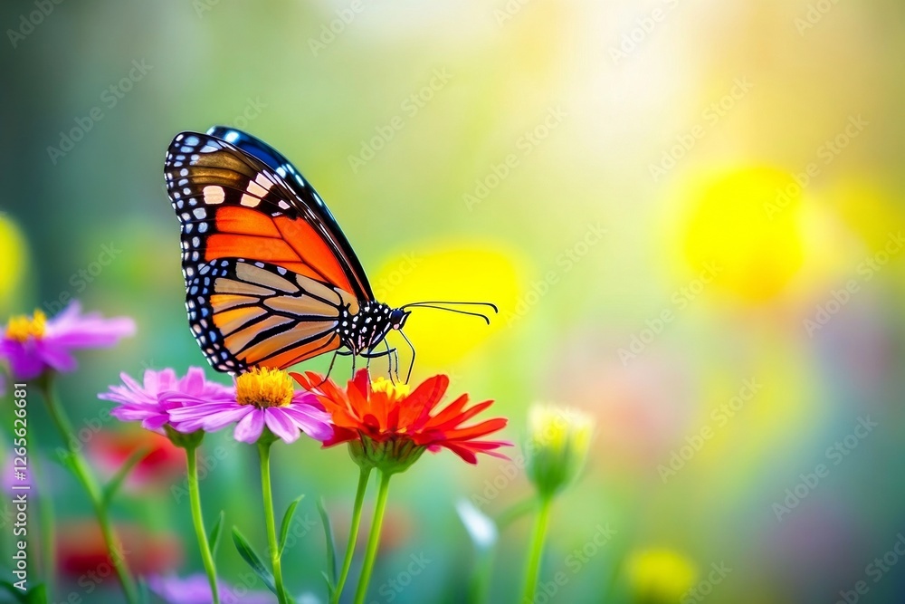 Vibrant monarch butterfly on colorful spring flowers in sunlight Vibrant monarch butterfly on colorful spring flowers in sunlight