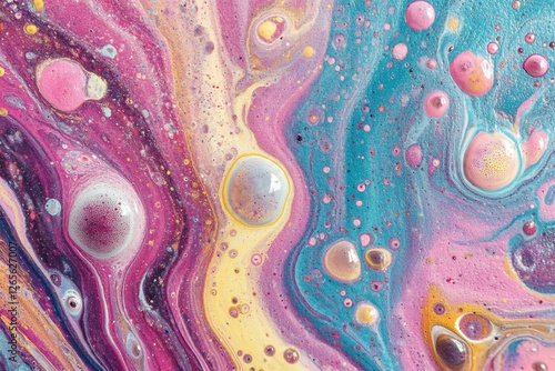 Colorful abstract fluid art with pastel swirls and bubbles in pink, purple, and blue tones