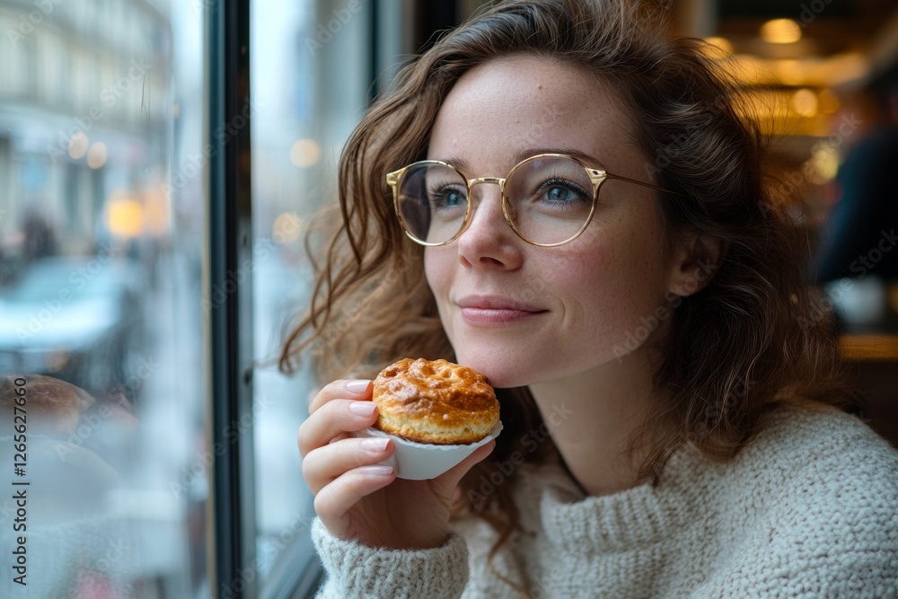 Young caucasian female enjoying pastry in cafe by window Young caucasian female enjoying pastry in cafe by window