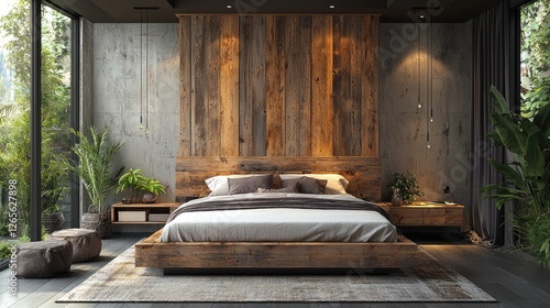 Wallpaper Mural Modern rustic bedroom with wood wall, large bed, and garden view. Torontodigital.ca