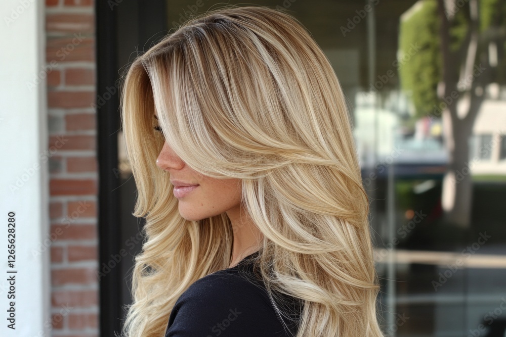 Caucasian female with long blonde hair in outdoor setting Caucasian female with long blonde hair in outdoor setting