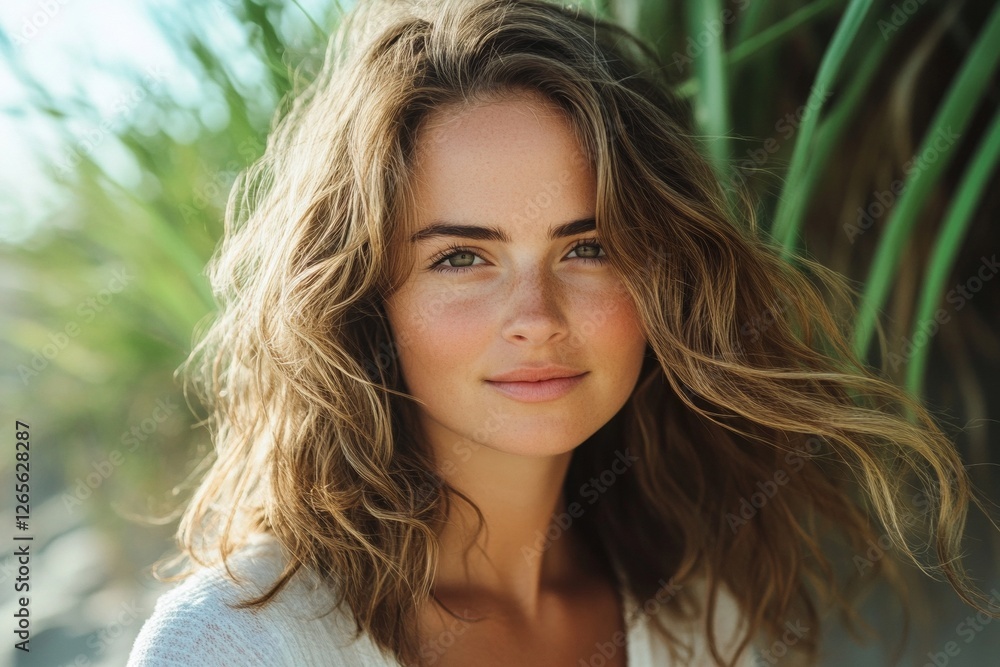 Naklejka premium Young caucasian female with wavy hair smiling in outdoor setting