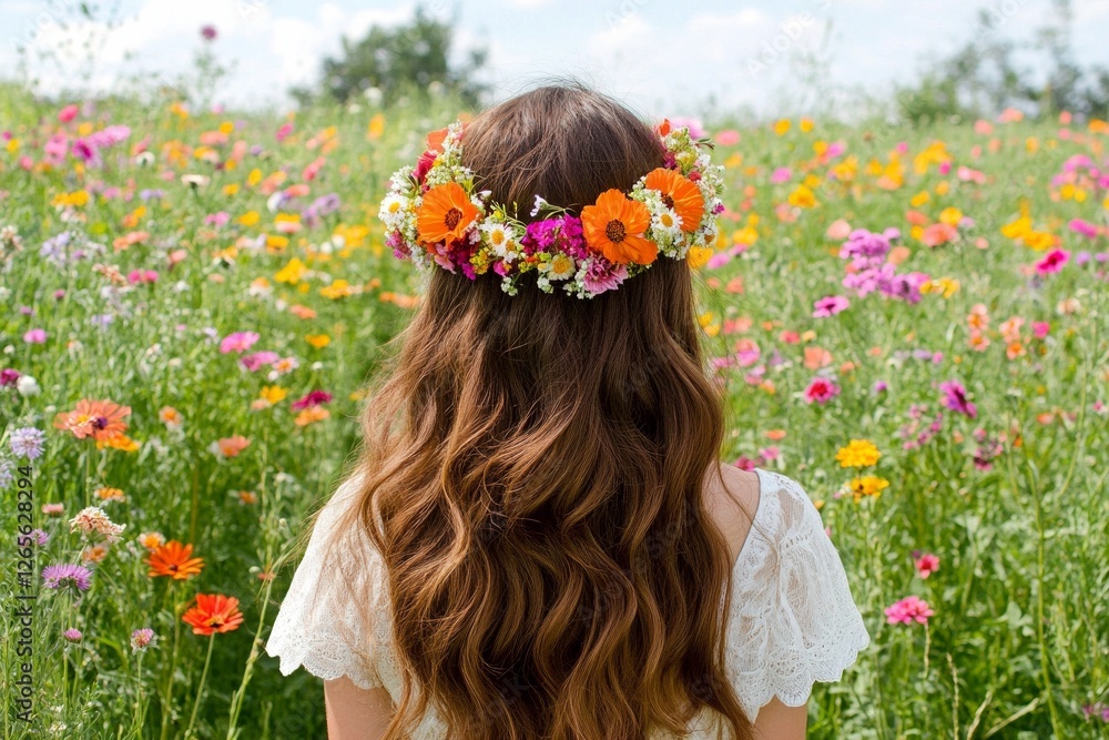 Naklejka premium Young caucasian female with floral crown in colorful wildflower field