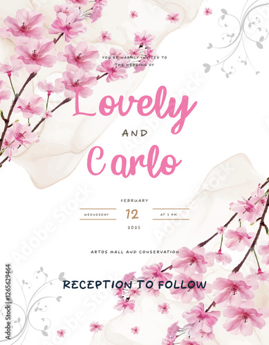 Cherry Blossom wedding invitation card template design, Elegant blossom flowers illustration suitable for invitation, fabric, prints and cover. pastel vintage theme.