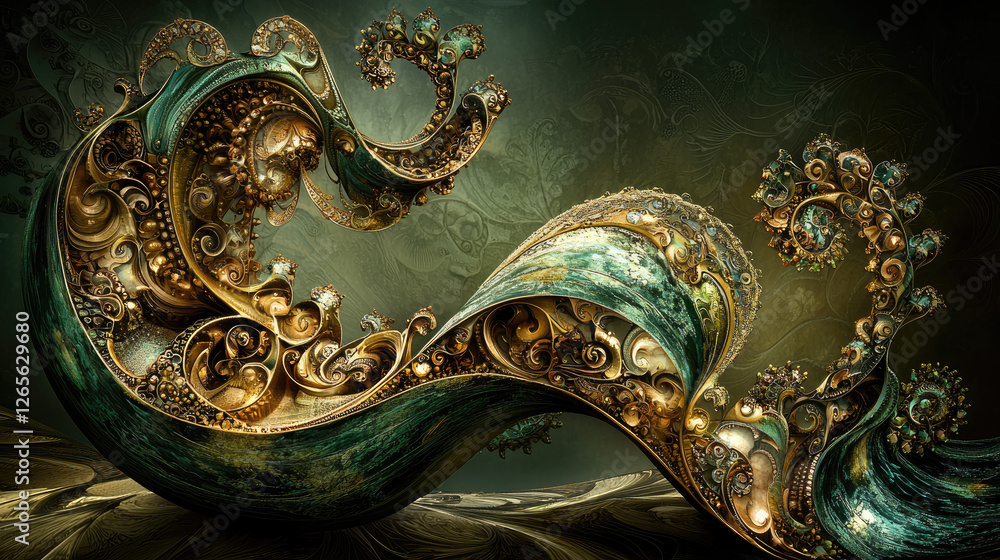 Fototapeta premium Intricate swirling patterns of gold and teal create a mesmerizing abstract design in a serene background