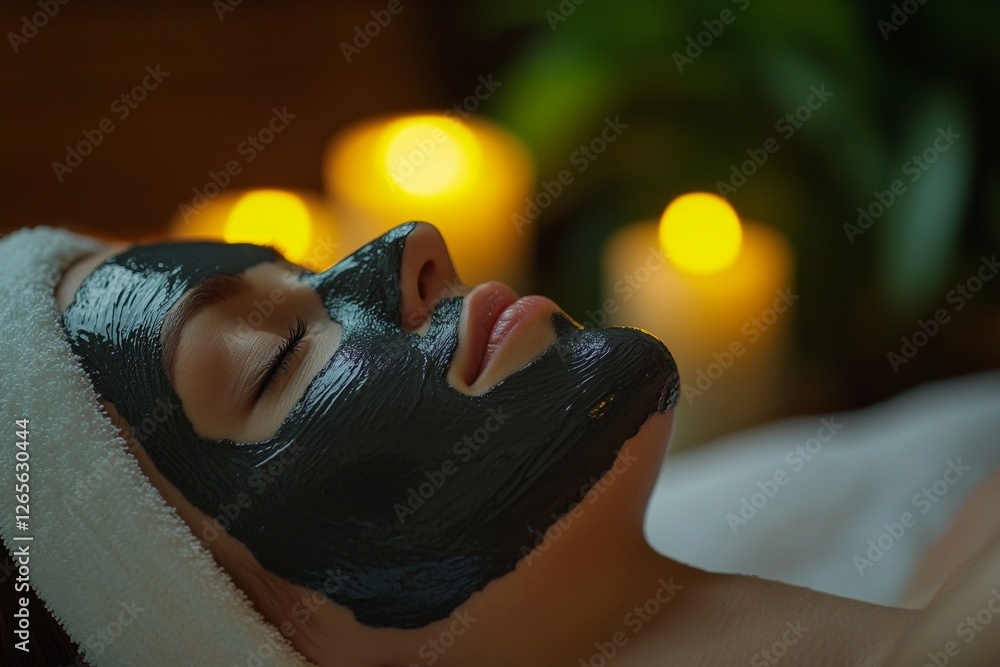 Fototapeta premium Female receiving relaxing facial treatment with black mask at spa with candlelight ambiance