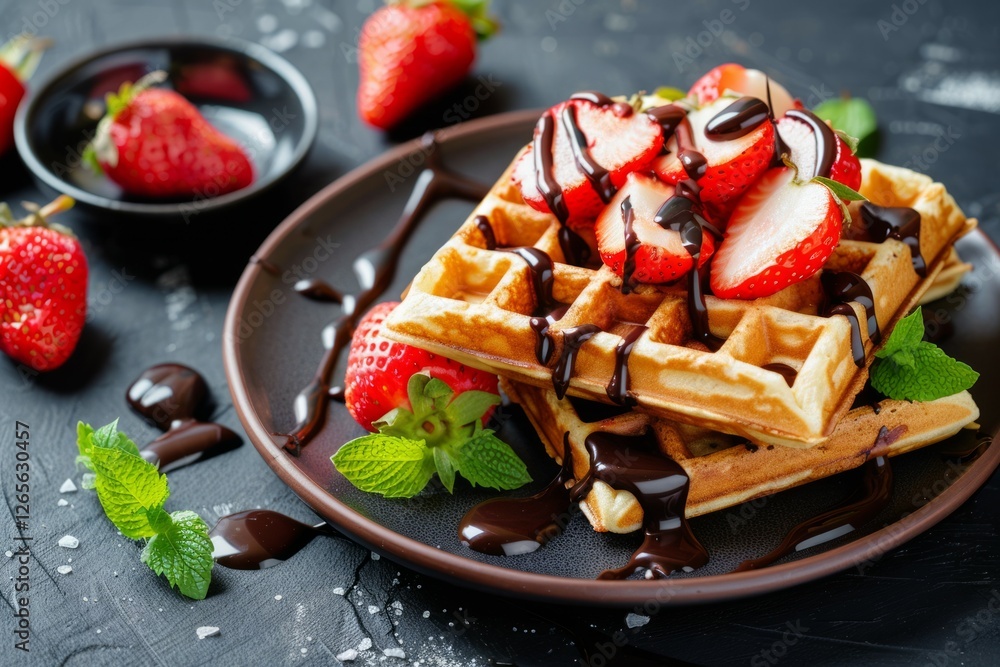 Chocolate drizzled waffles with fresh strawberries on wooden table. Neural network AI generated Chocolate drizzled waffles with fresh strawberries on wooden table. Neural network AI generated