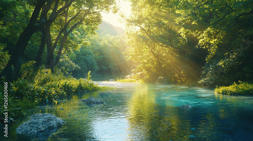 Sunlit River Through Forest