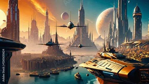 Futuristic space city on an alien planet, with massive towering structures and advanced spacecraft flying above. Concept of intergalactic civilizations and future societies