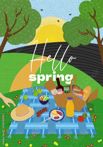 Cheerful spring picnic scene with a blanket, basket of food and a sunny park landscape. Relaxing outdoor atmosphere with green grass and trees. Art poster with holiday, vacation and seasonal theme