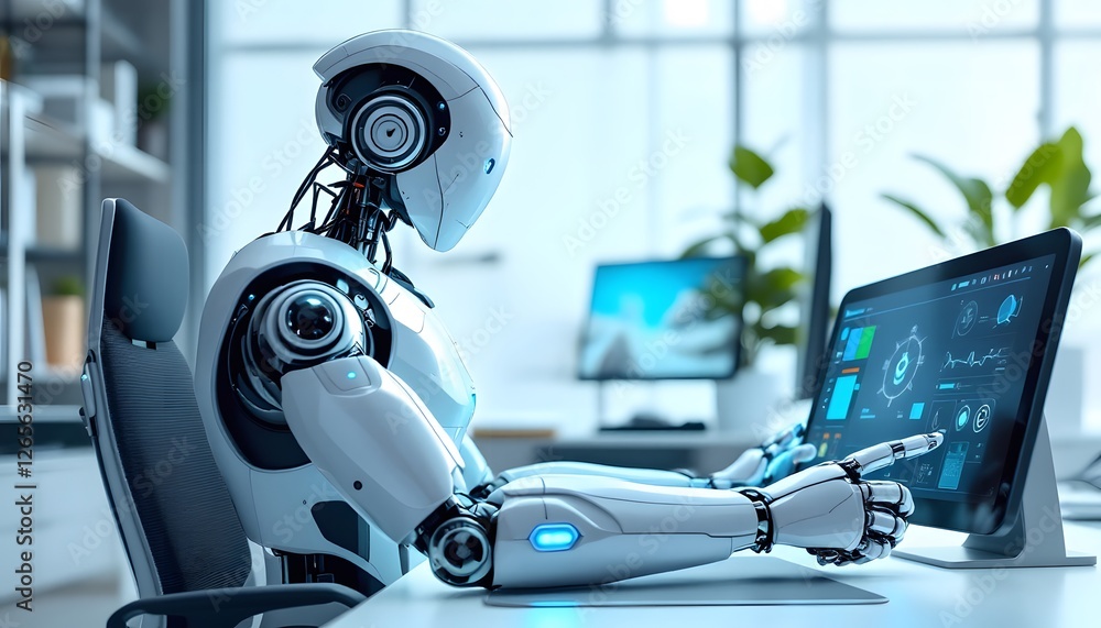AI Robot Working on a Modern Computer in an Office AI Robot Working on a Modern Computer in an Office