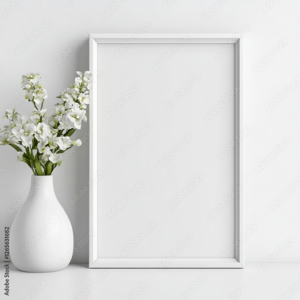 Minimalist White Frame with Floral Arrangement on a Textured White Background Minimalist White Frame with Floral Arrangement on a Textured White Background
