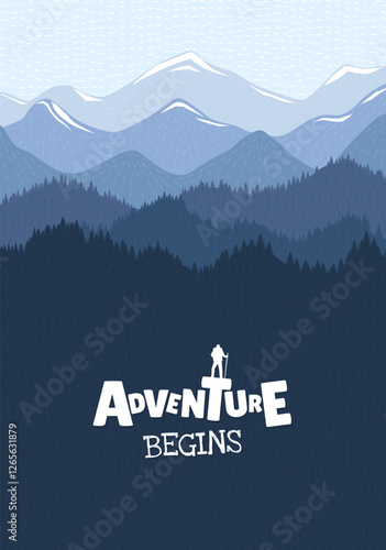 Logo with hiker standing on rocky peak overlooking breathtaking mountain landscape. Adventure and freedom poster. Perfect for travel, trekking and outdoor exploration themes. Creative artwork