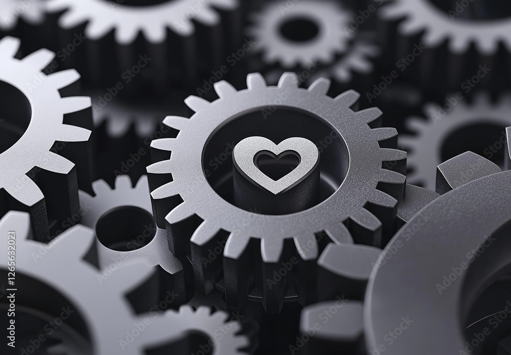 Close up of interlocking gears with heart shape, symbolizing connection and unity in machinery. intricate design showcases mechanical precision and creativity Close up of interlocking gears with heart shape, symbolizing connection and unity in machinery. intricate design showcases mechanical precision and creativity