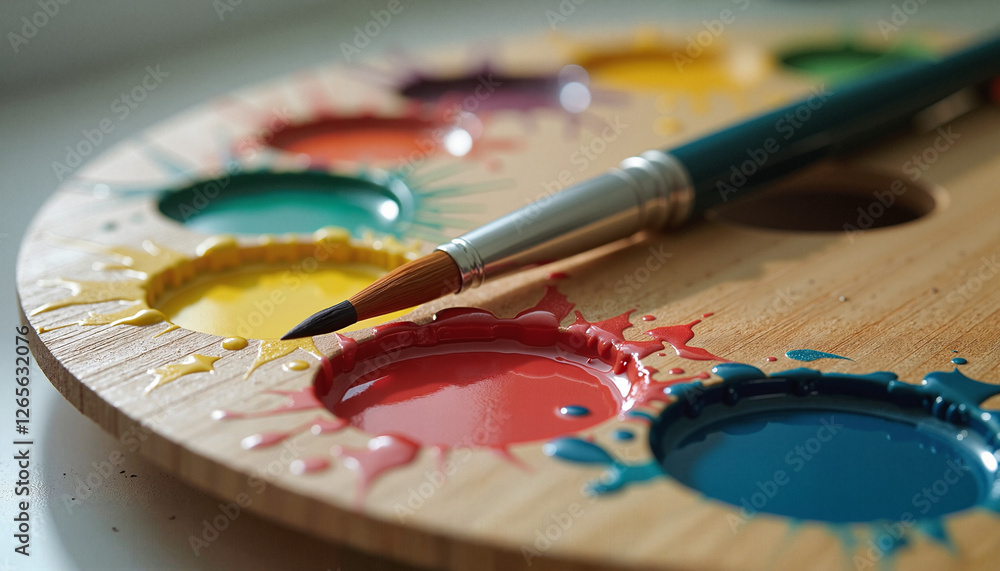 Dynamic Artist's Wooden Palette with Fresh Paint Mixtures Dynamic Artist's Wooden Palette with Fresh Paint Mixtures