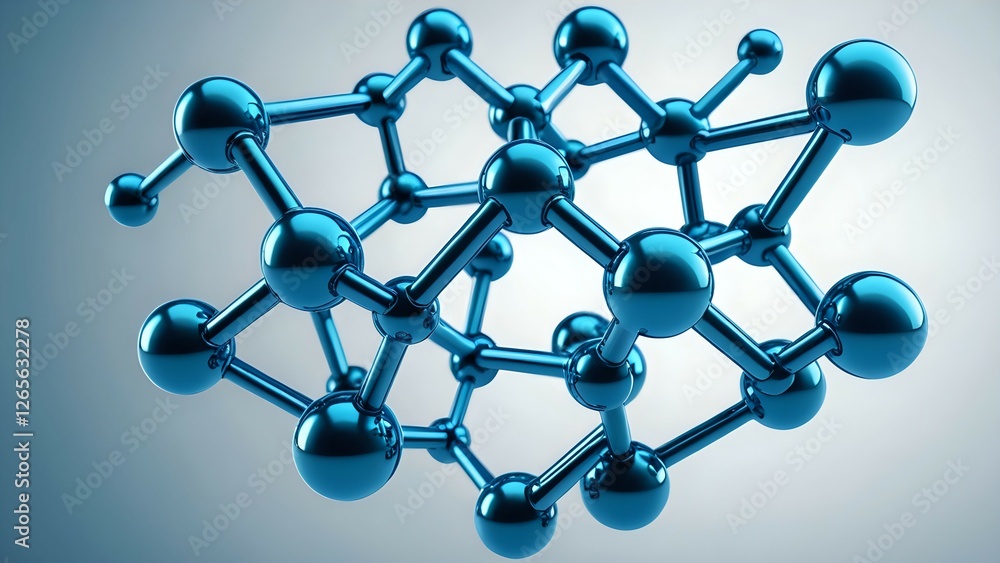 Abstract 3D rendering of a complex molecule structure, showcasing interconnected spheres and rods in vibrant blue, ideal for scientific, technological, or medical concepts. Abstract 3D rendering of a complex molecule structure, showcasing interconnected spheres and rods in vibrant blue, ideal for scientific, technological, or medical concepts.
