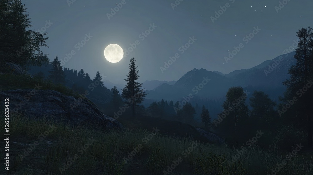 Dark and Moody Mountain Landscape Under Glowing Moonlight Dark and Moody Mountain Landscape Under Glowing Moonlight