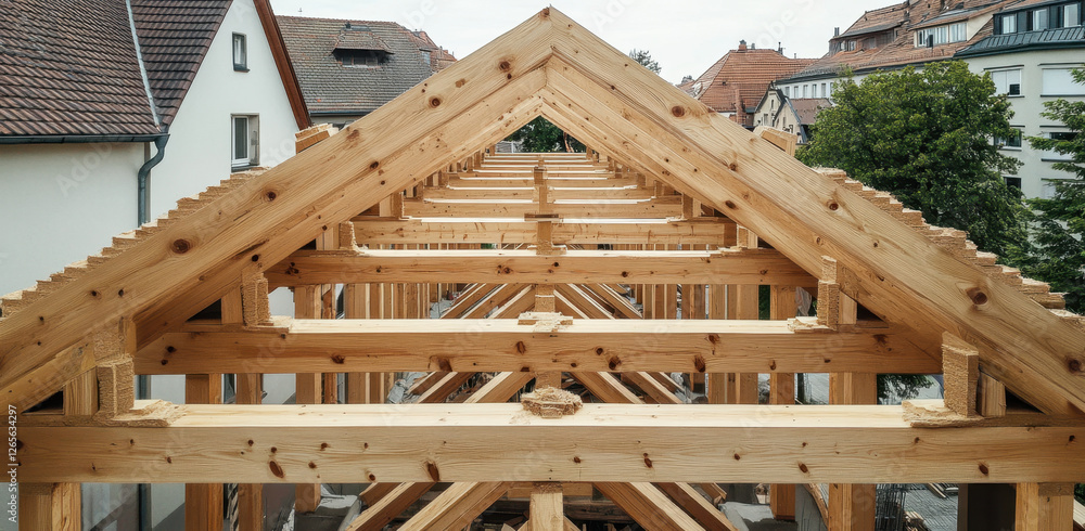 Workers focus on installing wooden beams in a historic building's roof, highlighting traditional craftsmanship and construction techniques Workers focus on installing wooden beams in a historic building's roof, highlighting traditional craftsmanship and construction techniques