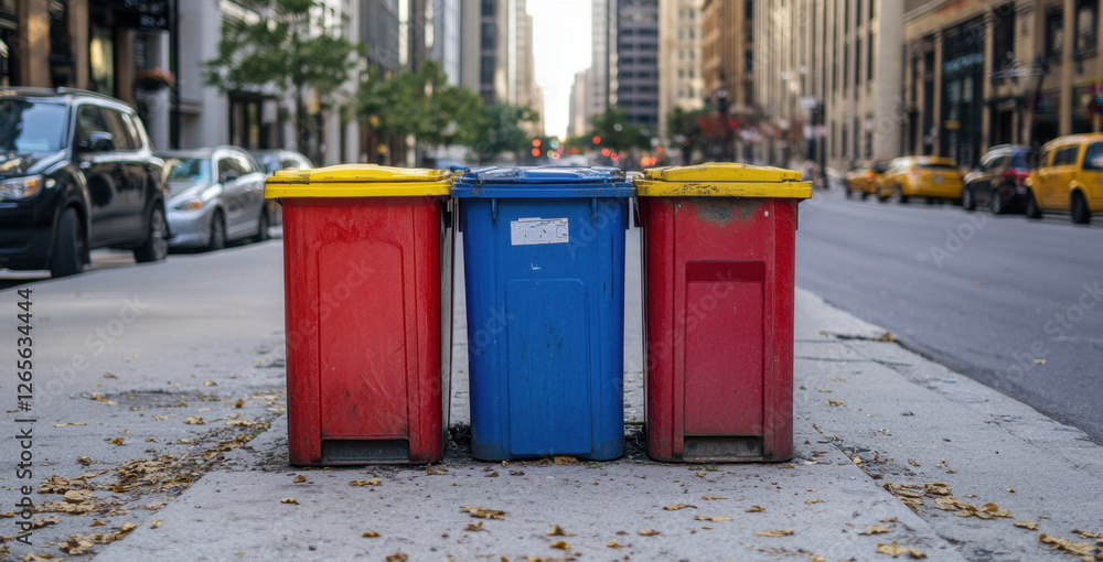 Red, yellow, and blue trash cans are positioned on the sidewalk in a busy city street filled with vehicles and pedestrians Red, yellow, and blue trash cans are positioned on the sidewalk in a busy city street filled with vehicles and pedestrians