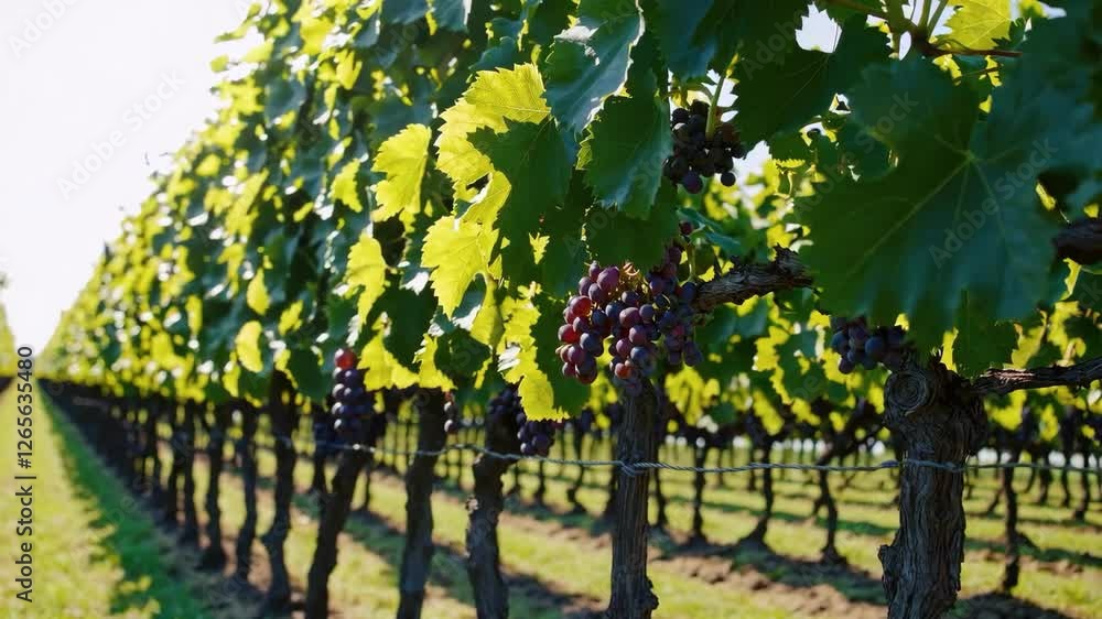 Through neat vineyard rows, where sunlight dances on leaves and juicy bunches ripen, summer warmth and the promise of a rich harvest fill the air, creating a peaceful and fertile scene Through neat vineyard rows, where sunlight dances on leaves and juicy bunches ripen, summer warmth and the promise of a rich harvest fill the air, creating a peaceful and fertile scene