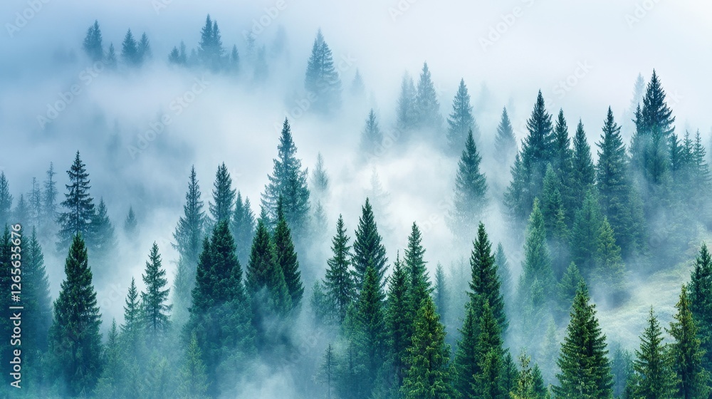 Fototapeta premium Mystical Foggy Forest with Tall Pine Trees