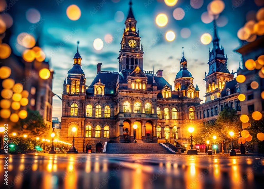 City Hall at Night with Bokeh Lights - Stunning Urban Landscape Stock Photo City Hall at Night with Bokeh Lights - Stunning Urban Landscape Stock Photo