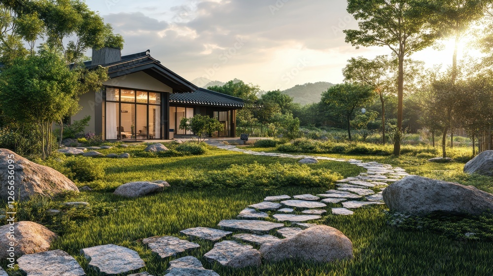 Serene asian style house with stone path and lush garden Serene asian style house with stone path and lush garden