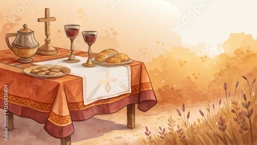 Watercolor depiction of a simple communion table set in warm orange and brown tones, conveying togetherness and unity, with copy space  