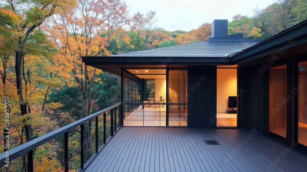 Fototapeta premium Modern house with deck overlooking autumn foliage in nature