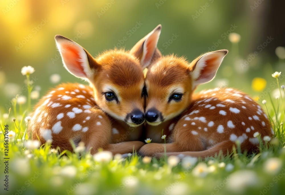 Fototapeta premium Two Adorable Fawns Relaxing in a Sunlit Meadow with Wildflowers