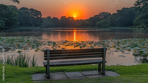 Fototapeta Naklejka Na Ścianę i Meble -  Sunset park bench lake serene peaceful