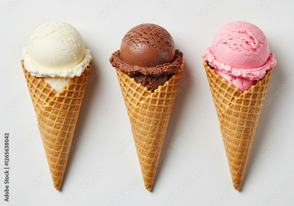 A high-quality photograph of three waffle ice cream cones standing upright on a clean, white background. A high-quality photograph of three waffle ice cream cones standing upright on a clean, white background.
