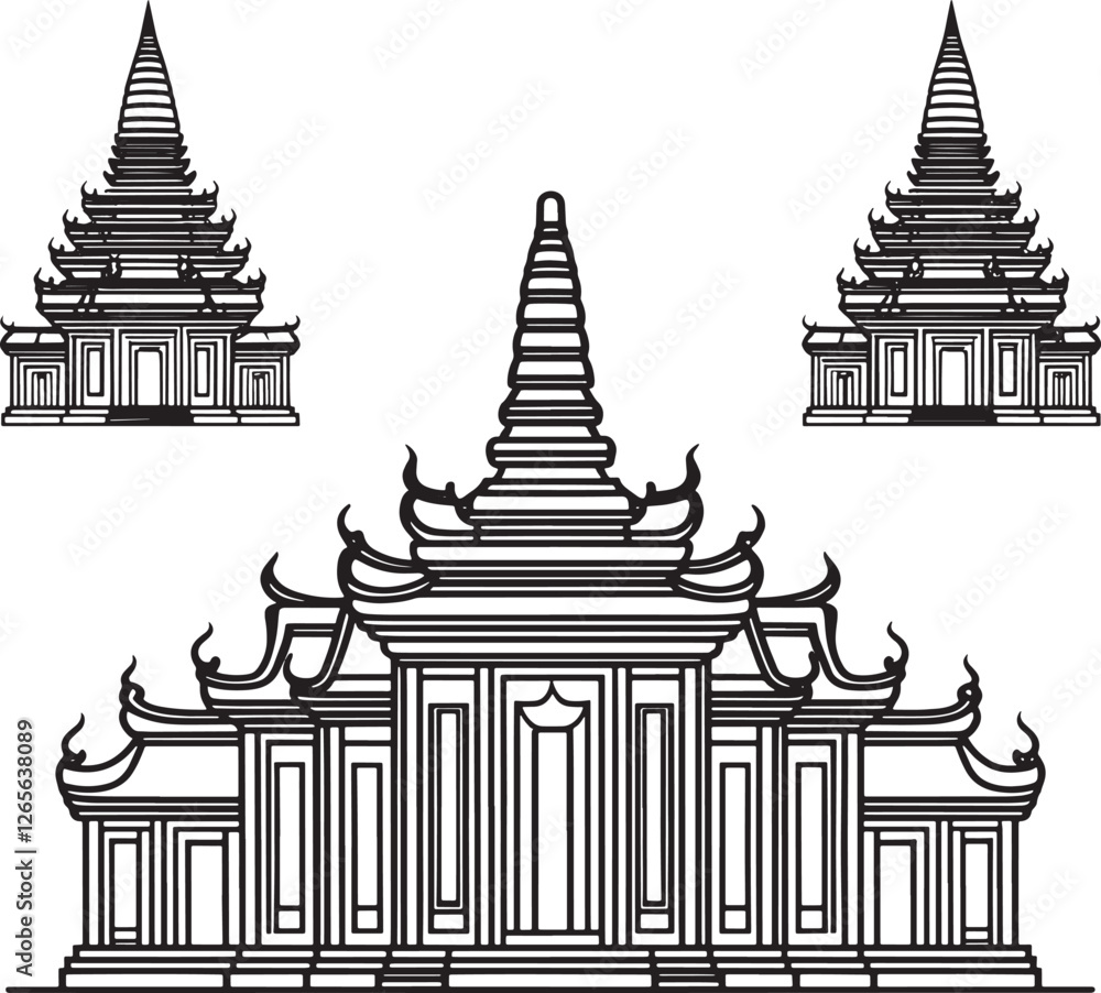 custom made wallpaper toronto digitalElegant Asian Temple Architecture: Detailed Traditional Pagoda Lineart Vector Building