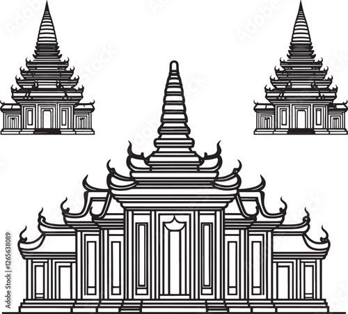 Wallpaper Mural Elegant Asian Temple Architecture: Detailed Traditional Pagoda Lineart Vector Building Torontodigital.ca