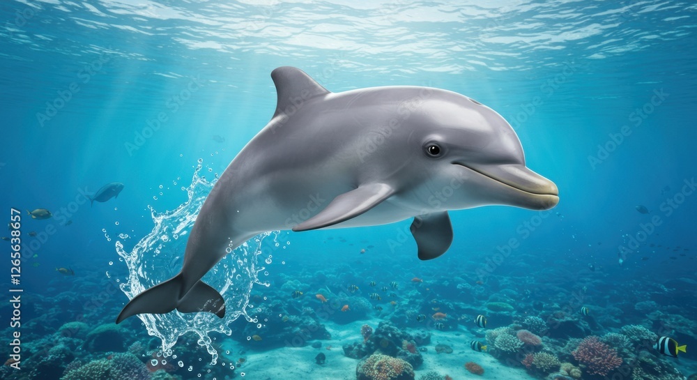 Naklejka premium Dolphin gracefully swimming in a vibrant underwater ecosystem scene