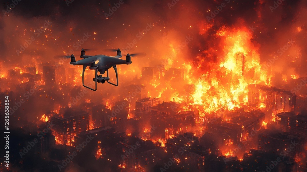 Drone monitoring burning city buildings after natural disaster or war Drone monitoring burning city buildings after natural disaster or war