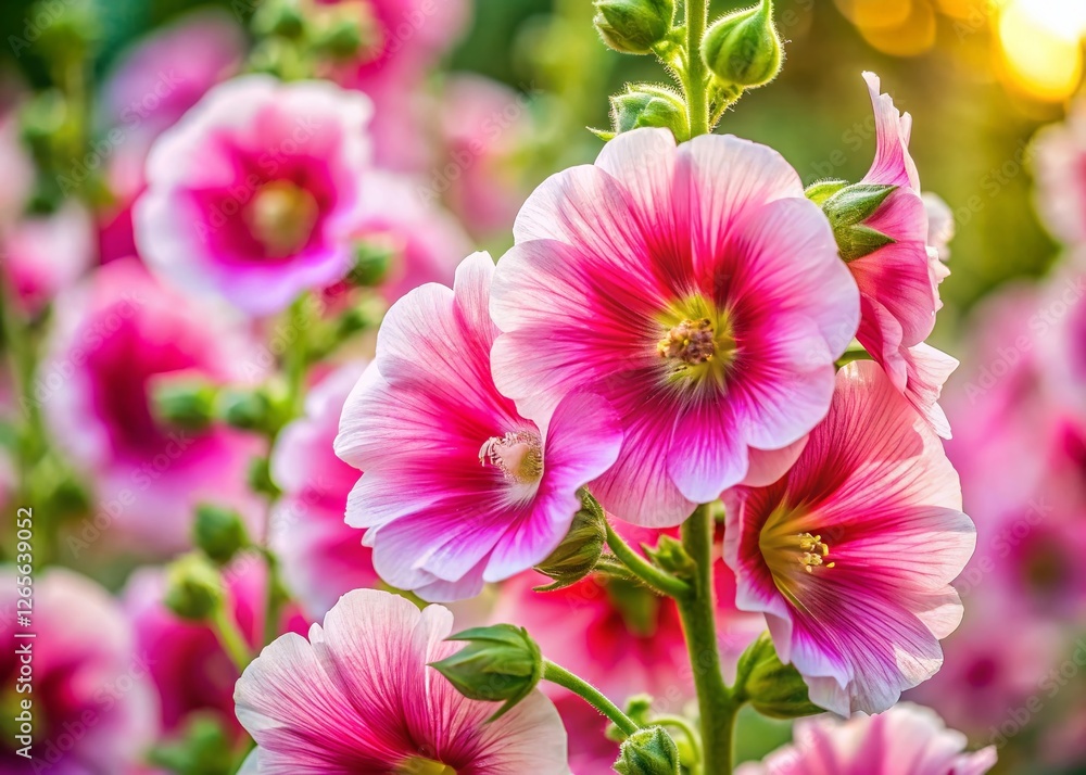 Fototapeta premium Close-Up Hollyhock Flowers: Vibrant Pink and White Petals, Detailed Texture, Documentary Photography Style