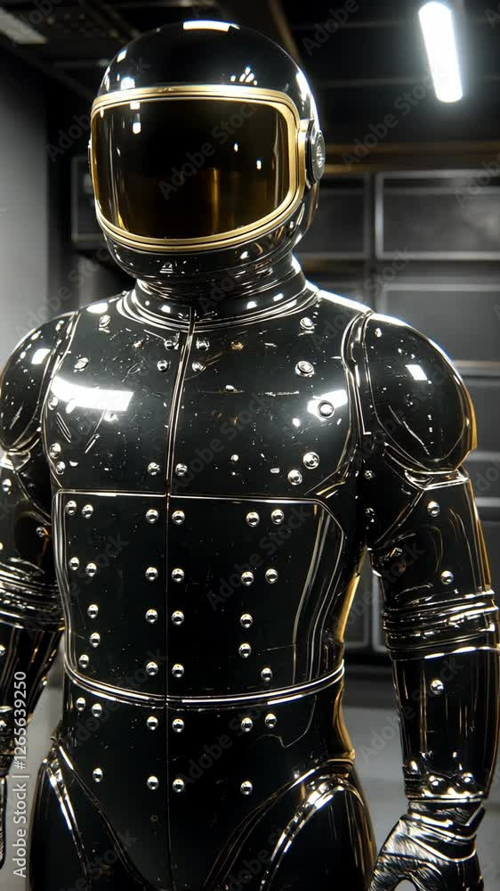 Futuristic black and gold spacesuit displayed in a modern exhibition space with industrial design elements Futuristic black and gold spacesuit displayed in a modern exhibition space with industrial design elements