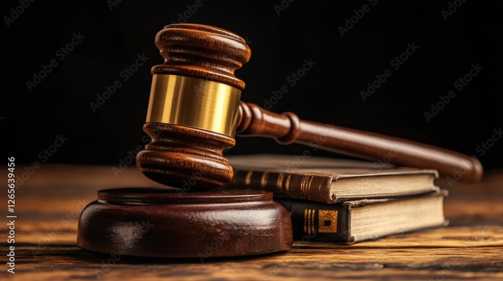 Judge gavel resting on sound block with law books on wooden desk Judge gavel resting on sound block with law books on wooden desk