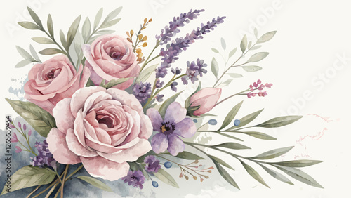 Watercolor floral arrangement of soft pink and lavender blooms with olive branches, representing peace and renewal for Maundy Thursday, with copy space  