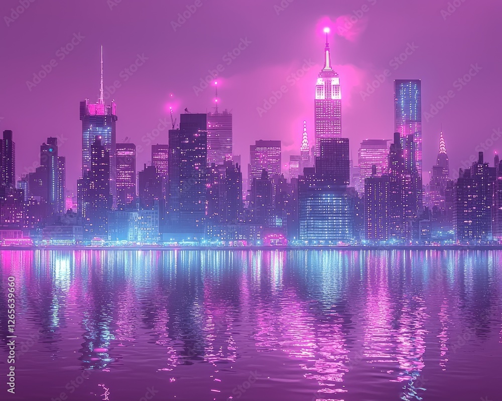 Fototapeta premium Pink neon city skyline at night, reflecting on water. Use website banner.