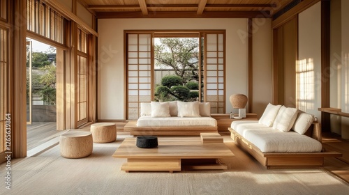 Wallpaper Mural Japanese living room features wooden furniture and garden view Torontodigital.ca