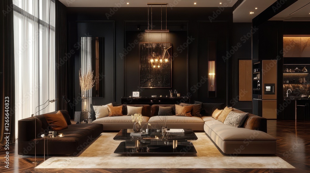 Luxurious living room with dark walls and modern furnishings Luxurious living room with dark walls and modern furnishings