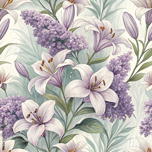 Seamless floral background of blooming lilies and soft greenery in lavender and white, symbolizing purity and Easter spirit, vibrant and cheerful  