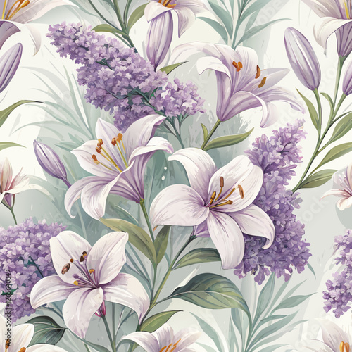 Seamless floral background of blooming lilies and soft greenery in lavender and white, symbolizing purity and Easter spirit, vibrant and cheerful  