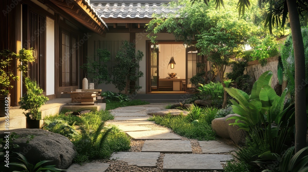 Serene japanese courtyard with lush greenery and stone pathway Serene japanese courtyard with lush greenery and stone pathway