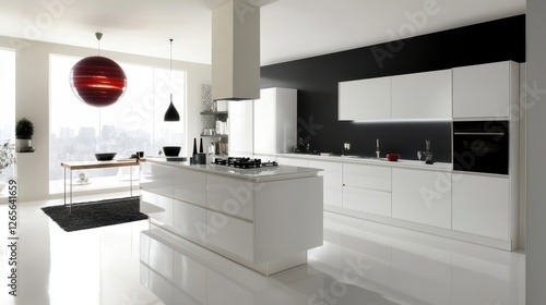 Modern kitchen design featuring sleek white cabinets and black accents
