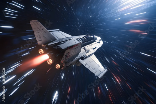 Fototapeta Naklejka Na Ścianę i Meble -  Futuristic Sci-Fi Spaceship fighter flying fast with motion blur effect, huge spaceship in orbit of planet Earth, spacecraft in outer space 