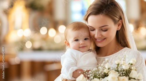 Mother Holding Baby During Christening Ceremony in Church – Sacred Baptism Moment
