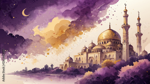 Watercolor abstract background in flowing deep purple and gold, evoking reverence and spirituality, rich and contemplative, with copy space 